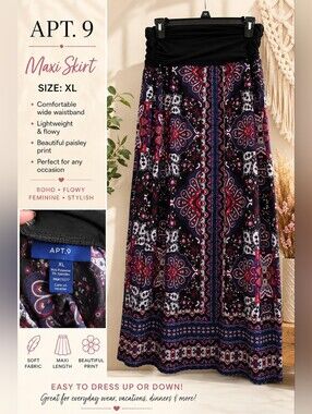 🌺 APT. 9 Plus XL Black Paisley Maxi Skirt – Boho Floral Print